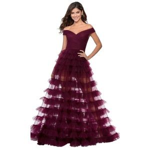 La Femme 28804 Dark Berry A-Line Off The Shoulder Tiered Maxi Dress Size 8 NWT